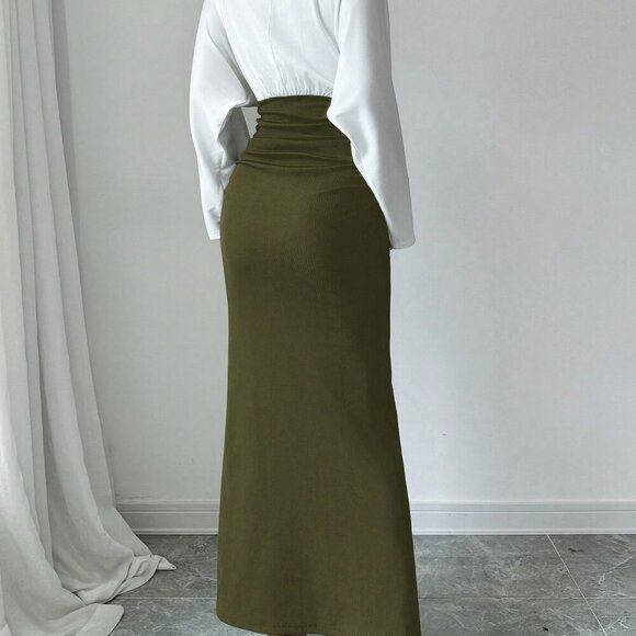 Army Green Elegant Women's V-Neck Long Sleeve Fitted Dress - Picture 2 of 6